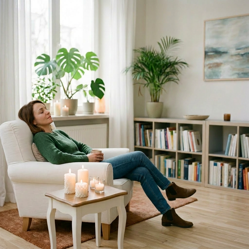 Two women sitting in armchairs facing each other and smiling in a cozy living room